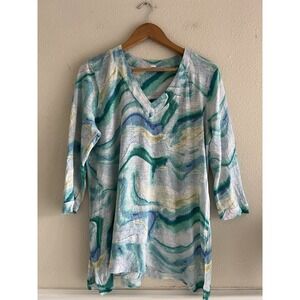 Chico's Watercolor Green Women's Top Size Large 3/4 Sleeves Linen Casual